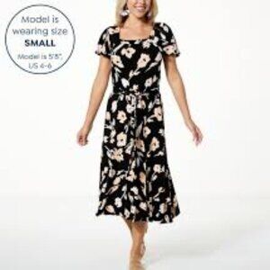NEW Colleen Lopez  Flutter-Sleeve Midi Dress & Pockets BLACK & FLORAL